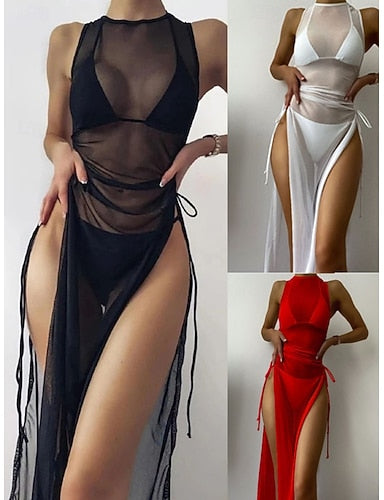 Swimwear Three Piece Swimsuit Ruched Backless Vacation Beach Wear Plain Halter Neck Sleeveless Bathing Suits