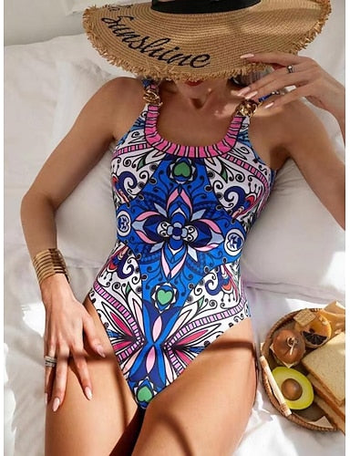 One Piece Swimsuit Slimming Monokini Tummy Control High Waist Slim Backless Vacation Graphic Geometic U Neck Sleeveless Bathing Suits