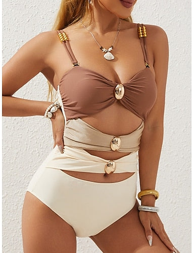 One Piece Swimsuit Ruched Cutout Underwire Monokini Tummy Control High Waist Slim Backless Vacation Beach Wear Color Block V Neck Sleeveless Bathing Suits