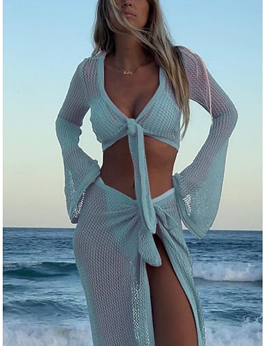 Cover Up 2 Piece Swimsuit Knitted Vacation Beach Wear Color V Neck Long Sleeve Bathing Suits