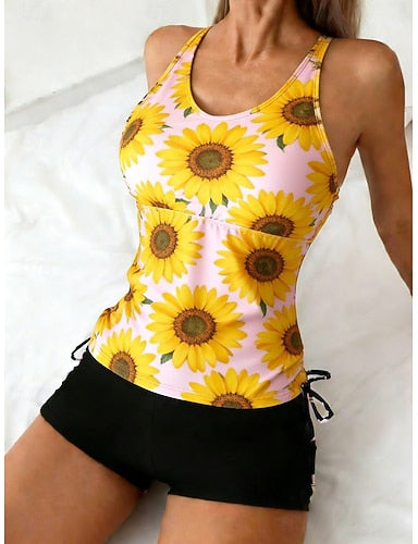 Swimwear Tankini 2 Piece High Waist Swimsuit Tummy Control High Waist Slim Backless Vacation Beach Wear U Neck Sleeveless Bathing Suits