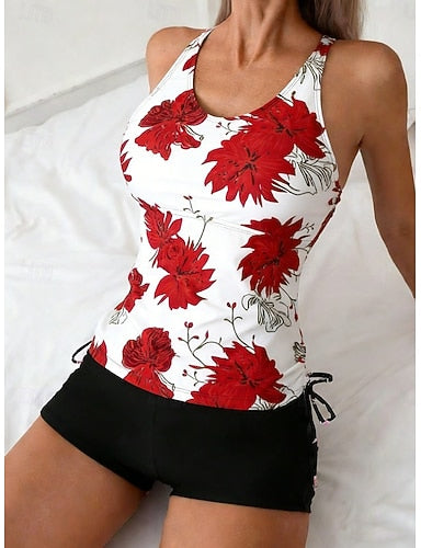 Swimwear Tankini 2 Piece Shorts Swimsuit Tummy Control High Waist Slim Backless Vacation Beach Wear Leaves U Neck Sleeveless Bathing Suits