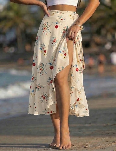 Vacation Skirt Midi Mid Waist Skirts Graphic Ruffle Inelastic Beach Blue Black and White Light Yellow Wine Summer Chiffon