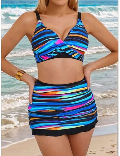 Swimwear Tankini Three Piece Skirt Swimsuit Tummy Control High Waist Slim Backless Vacation Beach Wear Striped V Neck Sleeveless Bathing Suits