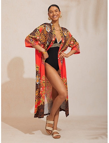 Scarlet Tigress Silky Satin Straight Maxi Cover Up