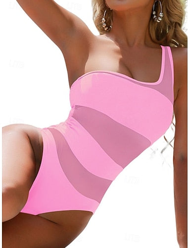 Swimwear One Piece Monokini Swimsuit Mesh Tummy Control High Waist Slim Backless Vacation Beach Wear Color Halter Neck Sleeveless Bathing Suits