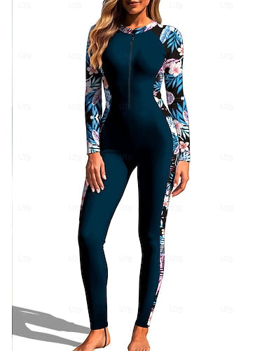 Rash Guard Full Body Rash Guard One Piece Surfing Suit Tropical Zip Up With Built in Bra Front Zip Uv Sun Protection Full Coverage Upf50+ Long Sleeve Full Body Swimwear Bodysuit