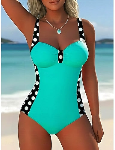One Piece Swimsuit Slimming Underwire Colorblock Briefs Vacation Polka Dot Geometic V Neck Sleeveless Bathing Suits