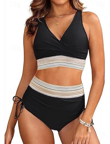 Swimwear Tankini Swimsuit Crochet Backless Beach Wear Color Plain Plunge Sleeveless Bathing Suits