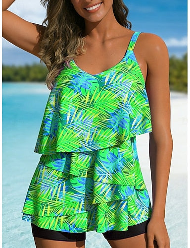 Swimwear Tankini 2 Piece High Waist Swimsuit Tummy Control High Waist Slim Backless Vacation Beach Wear Tropical U Neck Sleeveless Bathing Suits