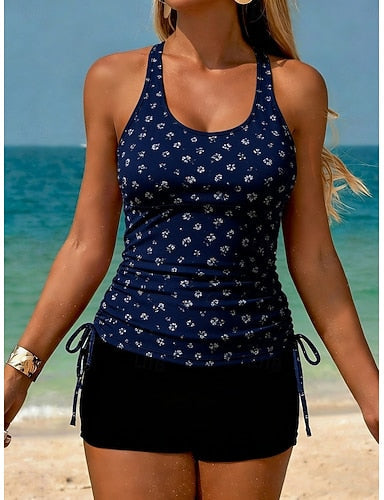 Swimwear Tankini 2 Piece Shorts Swimsuit Tummy Control High Waist Slim Backless Vacation Beach Wear U Neck Sleeveless Bathing Suits