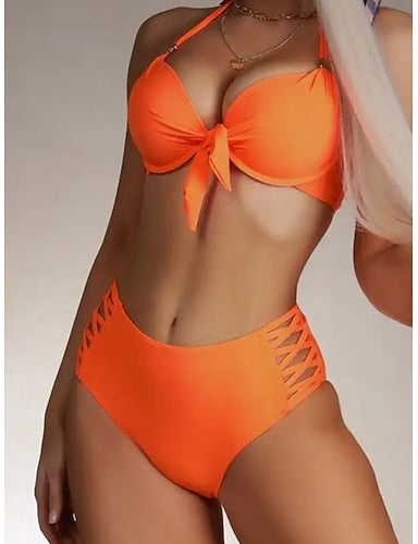 Swimwear Bikini 2 Piece Swimsuit Cut Out Backless Vacation Beach Wear Plain Halter Neck Sleeveless Bathing Suits