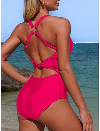 Swimwear One Piece Monokini Swimsuit Tummy Control High Waist Slim Backless Vacation Beach Wear Color Halter Neck Sleeveless Bathing Suits
