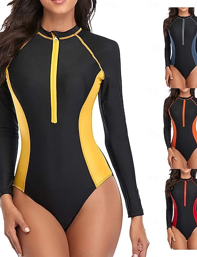 Rash Guard Swimsuit Patchwork Front Zip Uv Sun Protection Upf50+ Quick Dry Long Sleeve Bodysuit Bathing Suit Surfing Beach Water Sports Summer