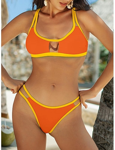 Bikini 2 Piece Swimsuit Underwire Thong Slim Backless Vacation Beach Wear Color U Neck Sleeveless Bathing Suits