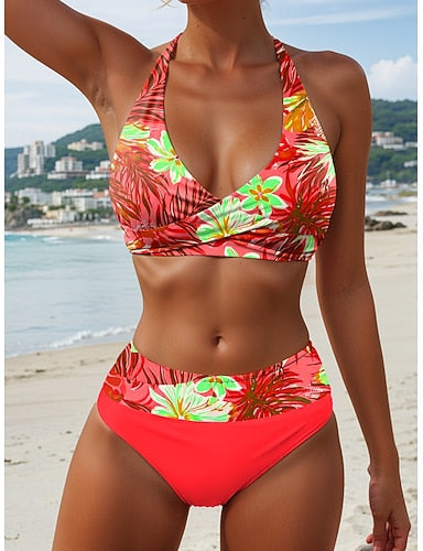 Swimwear Bikini Cheeky Swimsuit Vacation Graphic V Neck Sleeveless Bathing Suits