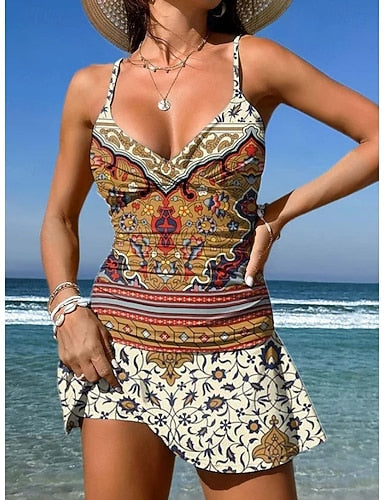 Swimwear One Piece Skirt Swimsuit Knit Vacation Graphic Geometric V Neck Sleeveless Bathing Suits
