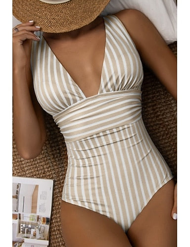Swimwear One Piece Swimsuit Ruched Slimming Backless Tropical Beach Wear Striped V Wire Sleeveless Bathing Suits