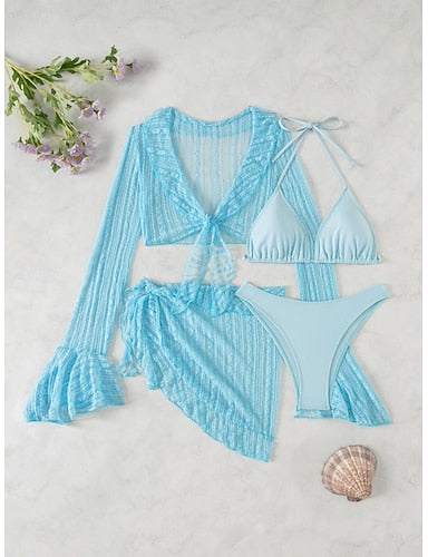 Bikini Swimsuit Skirt Slim Backless Vacation Beach Wear Color V Neck Sleeveless Long Sleeve Bathing Suits