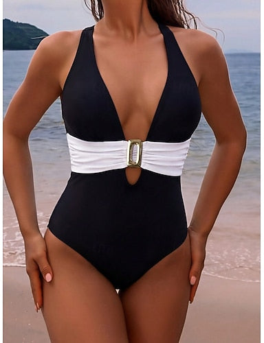 Swimwear One Piece Monokini Swimsuit Tummy Control High Waist Slim Backless Vacation Beach Wear Color Halter Neck Sleeveless Bathing Suits
