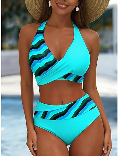 Bikini 2 Piece Swimsuit Colorblock Skirt Vacation Graphic Striped V Neck Sleeveless Bathing Suits