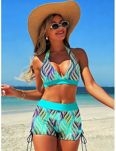 Bikini 2 Piece Swimsuit High Waist Backless Vacation Beach Wear Graphic Tropical V Neck Sleeveless Bathing Suits