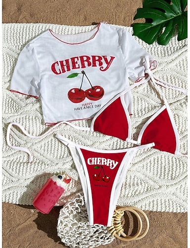 Swimwear Bikini Three Piece Thong Swimsuit Slim Backless Vacation Beach Wear Letter Round Neck Sleeveless Short Sleeves Bathing Suits