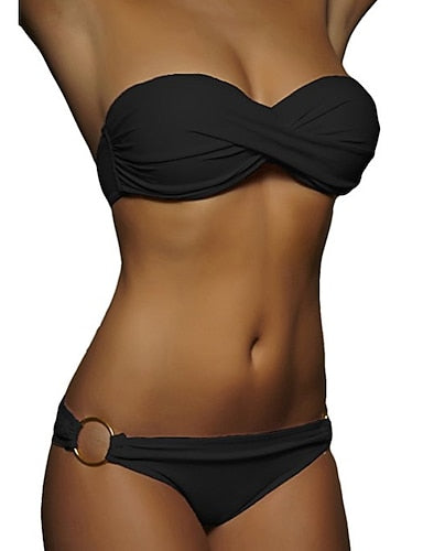 Swimwear Bikini 2 Piece Cheeky Swimsuit Ruched 2 Piece Open Back Beach Wear Plain Pure Color Strapless Sleeveless Bathing Suits