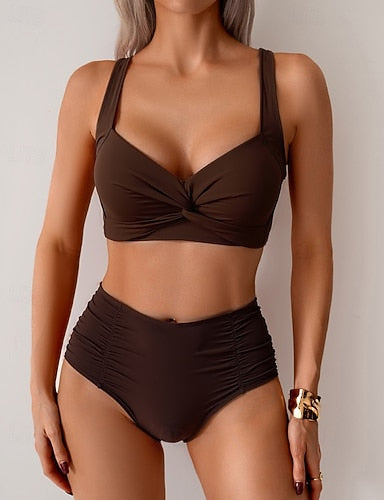Swimwear 2 Piece Cheeky Swimsuit Ruched Backless Vacation Beach Wear Plain V Neck Sleeveless Bathing Suits