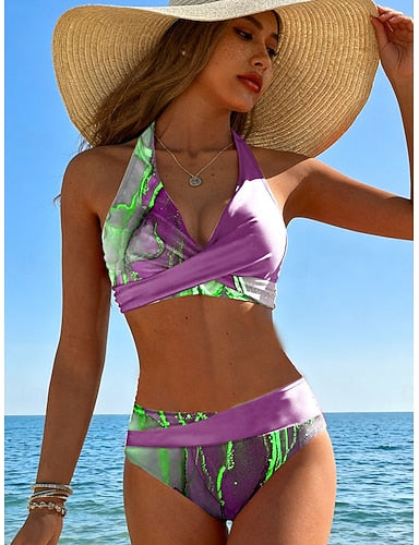 Bikini 2 Piece Swimsuit Cheeky Vacation Ombre Graphic V Neck Sleeveless Bathing Suits