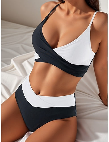 Bikini 2 Piece Swimsuit Ruched Colorblock Cheeky Tummy Control High Waist Slim Backless Vacation Beach Wear Color V Neck Sleeveless Bathing Suits