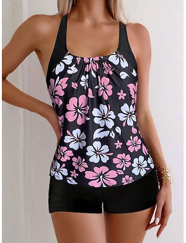 Tankini 2 Piece Swimsuit Shorts Tummy Control High Waist Slim Backless Vacation Beach Wear U Neck Sleeveless Bathing Suits