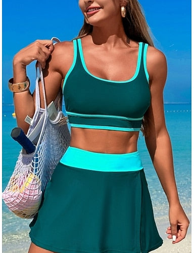 Tankini 2 Piece Swimsuit Colorblock Shorts Tummy Control High Waist Slim Backless Vacation Beach Wear U Neck Sleeveless Bathing Suits