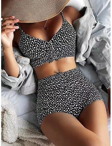 Tankini 2 Piece Swimsuit Ruched Shorts Tummy Control High Waist Slim Backless Vacation Beach Wear Graphic V Neck Sleeveless Bathing Suits