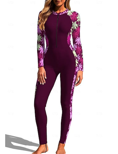 Rash Guard Full Body Rash Guard One Piece Surfing Suit Tropical Zip Up With Built in Bra Front Zip Uv Sun Protection Full Coverage Upf50+ Long Sleeve Full Body Swimwear Bodysuit