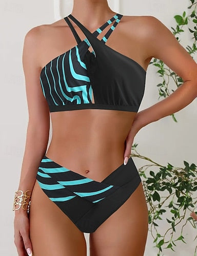 Swimwear 2 Piece Cheeky Swimsuit Cut Out Backless Vacation Beach Wear Leopard Halter Neck Sleeveless Bathing Suits