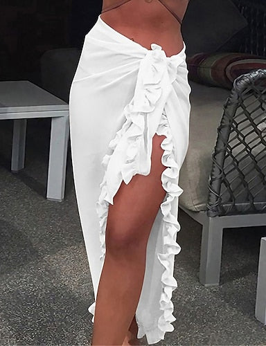 Normal Swimwear Cover Up Swim Shorts Wrap Swimsuit Ruffle Vacation Pure Color Bathing Suits