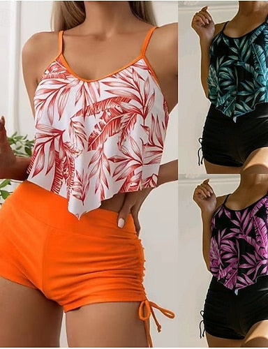Tankini 2 Piece Swimsuit Palm Boy Leg Tummy Control High Waist Slim Backless Vacation Beach Wear Leaves Scoop Neck Sleeveless Bathing Suits