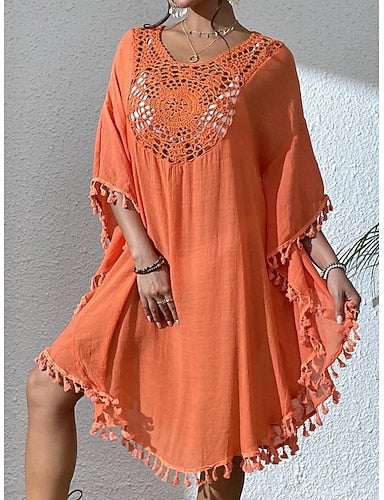 Cover Up Swimsuit Dress Lace Patchwork Fringe Vacation Beach Wear Color Round Neck Long Sleeve Bathing Suits