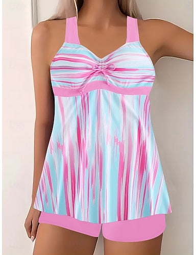 Tankini 2 Piece Swimsuit Colorblock Shorts Tummy Control High Waist Slim Backless Vacation Beach Wear Ombre Geometric V Neck Sleeveless Bathing Suits