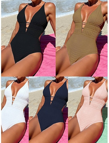 One Piece Swimsuit Slimming Cutout Monokini Tummy Control High Waist Slim Backless Vacation Beach Wear Color V Neck Sleeveless Bathing Suits