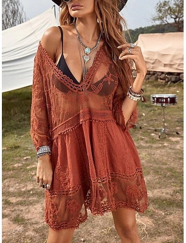 Swimwear Cover Up Swim Dress Swimsuit Lace Vacation Beach Wear Color V Neck Long Sleeve Bathing Suits