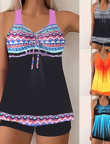 Swimwear 2 Piece Shorts Swimsuit Backless Vacation Beach Wear Graphic Round Neck Sleeveless Bathing Suits