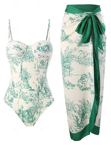 One Piece Swimsuit Monokini Skirt Tummy Control High Waist Slim Backless Vacation Beach Wear Graphic Halter Neck Sleeveless Bathing Suits