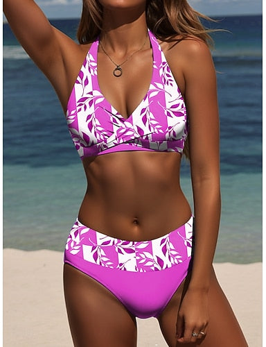 Bikini 2 Piece Swimsuit Palm Stylish Graphic Sleeveless Bathing Suits
