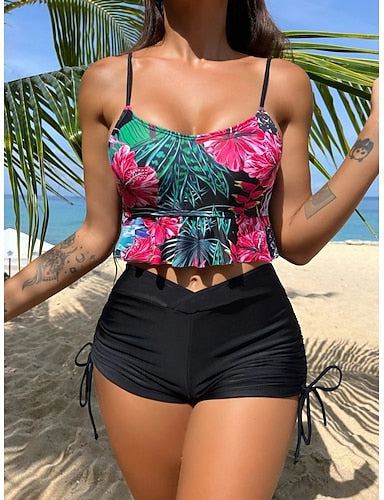 Tankini 2 Piece Swimsuit Ruched Palm Shorts Tummy Control High Waist Slim Backless Vacation Beach Wear Scoop Neck Sleeveless Bathing Suits