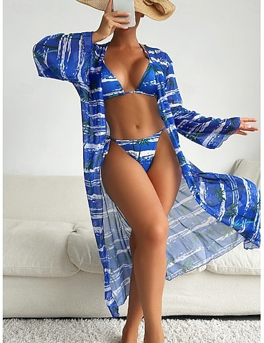 Bikini 3 Piece Swimsuit Palm Cheeky Slim Backless Vacation Beach Wear Graphic Leaves Halter Neck Sleeveless Bathing Suits