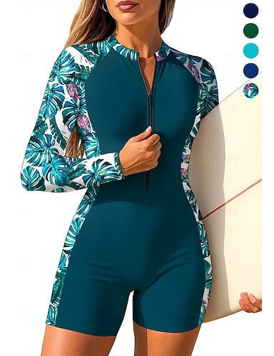 Standard Rash Guard One Piece Surfing Suit Bathing Suit Tropical Color-blocking Zip Up With Built in Bra Removable Pad Uv Sun Protection Upf50+ Ultra Light (ul) Long Sleeve Swimwear
