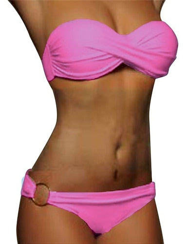 Swimwear Bikini 2 Piece Cheeky Swimsuit Ruched 2 Piece Open Back Beach Wear Plain Pure Color Strapless Sleeveless Bathing Suits