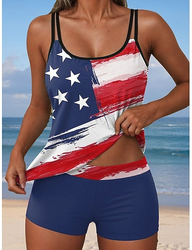 Independence Day Patriotic Swimsuits Tankini 2 Piece Boy Leg Swimsuit Backless Vacation Beach Wear Flag U Neck Sleeveless Bathing Suits